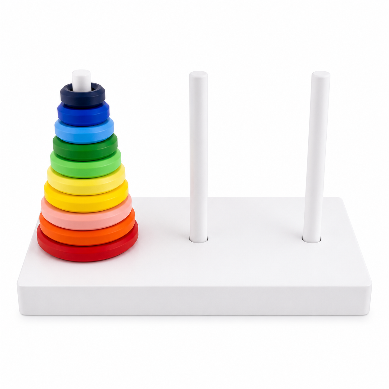 Torre de Hanoi 10 discos multicolor 3 postes evaluación funciones ejecutivas PLA. Tower of Hanoi 10 multicolor discs 3 pegs executive functions assessment PLA. 