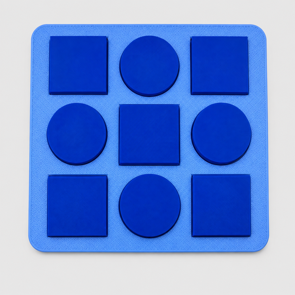 Vista frontal tablero azul Bayley-III con 9 huecos en cuadrícula cuadrados y círculos evaluación infantil | Bayley-III blue board front view 9 holes grid squares circles infant cognitive assessment