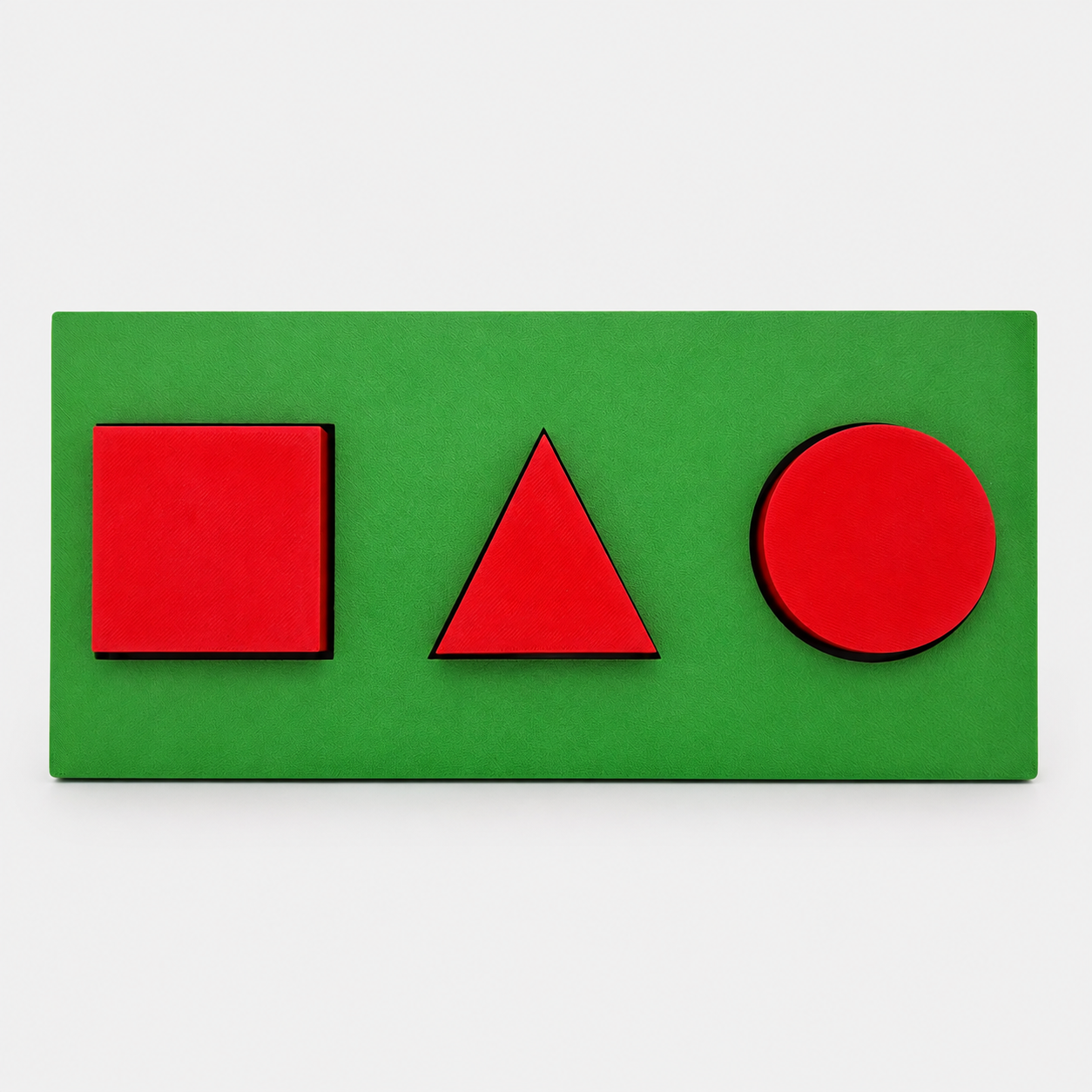 Vista frontal tablero Brunet-Lézine verde con figuras rojas pasantes encajadas evaluación psicomotora infantil | Brunet-Lezine green board red shapes fitted front view infant psychomotor
assessment