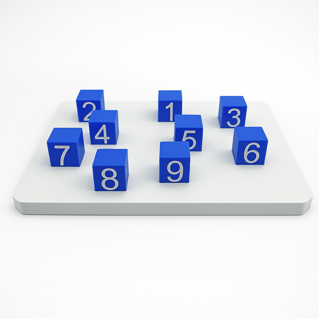 Tablero Corsi Original con 9 cubos azules numerados PLA evaluación memoria visuoespacial clínica | Corsi Original board 9 blue numbered blocks PLA visuospatial memory clinical
assessment