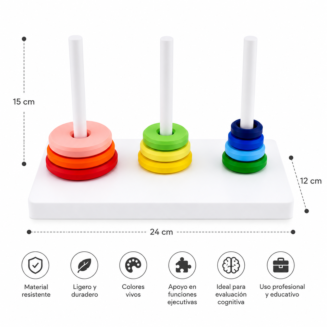 Torre de Hanoi caja de transporte abierta discos y postes organizados neuropsicología. Tower of Hanoi travel case open discs pegs organized neuropsychological clinical