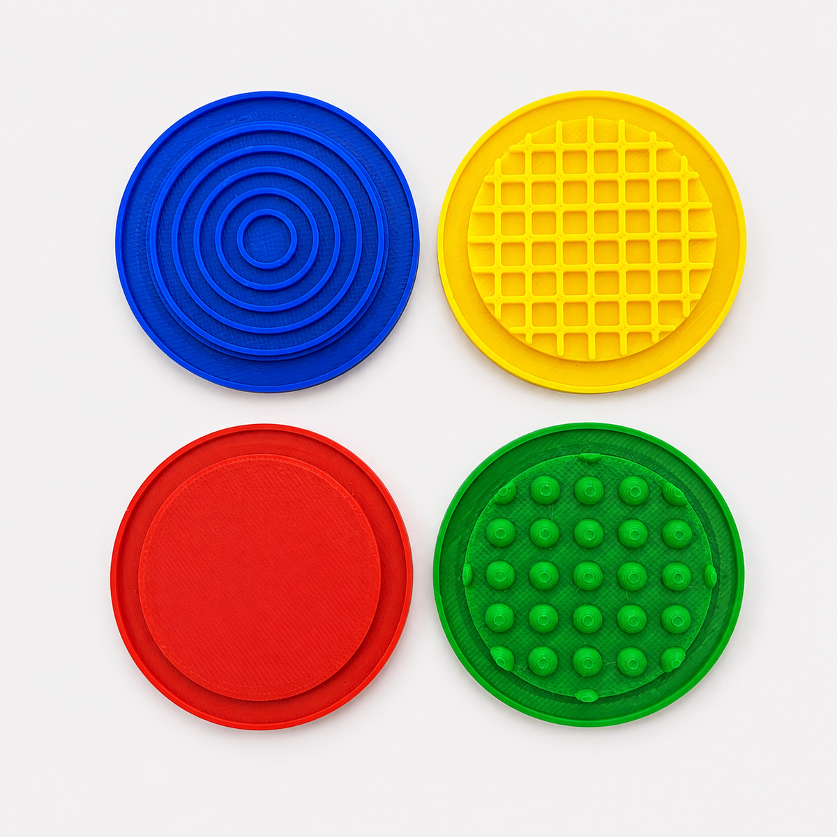 Discos texturizados kit discriminación táctil PLA 4 texturas anillos concéntricos puntos cuadrícula liso | Textured discs tactile discrimination kit PLA 4 textures concentric rings dots grid smooth sensory