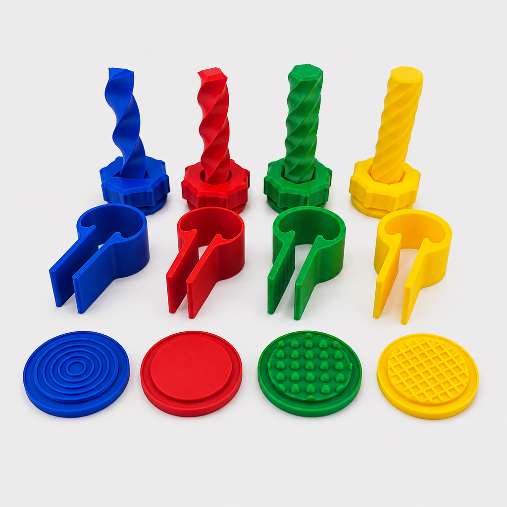 Kit motricidad fina y discriminación táctil Cubes IQ 12 piezas PLA postes tuercas pinzas discos 4 colores | Fine motor tactile discrimination kit 12 PLA pieces pegs nuts clips textured discs 4 colors
rehabilitation