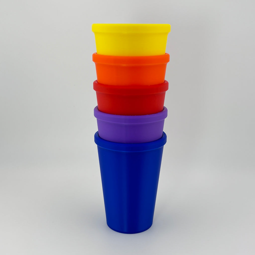 Los 5 cubiletes Merrill-Palmer-R apilados amarillo naranja rojo morado y azul PLA evaluación clasificación | Merrill-Palmer-R 5 cups stacked yellow orange red purple blue PLA color
classification assessment