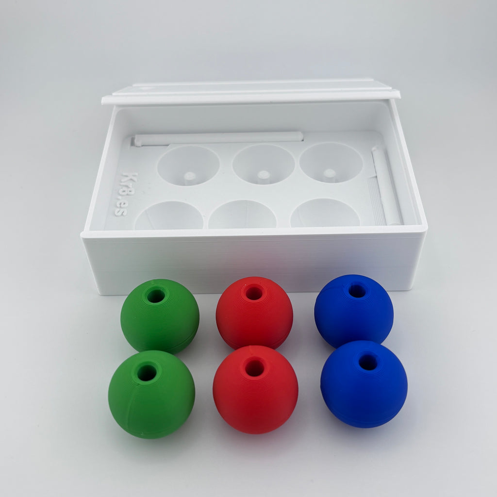 Caja transporte Torre de Londres abierta con esferas y varillas organizadas. Tower of London travel case open organized balls pegs neuropsychological clinical