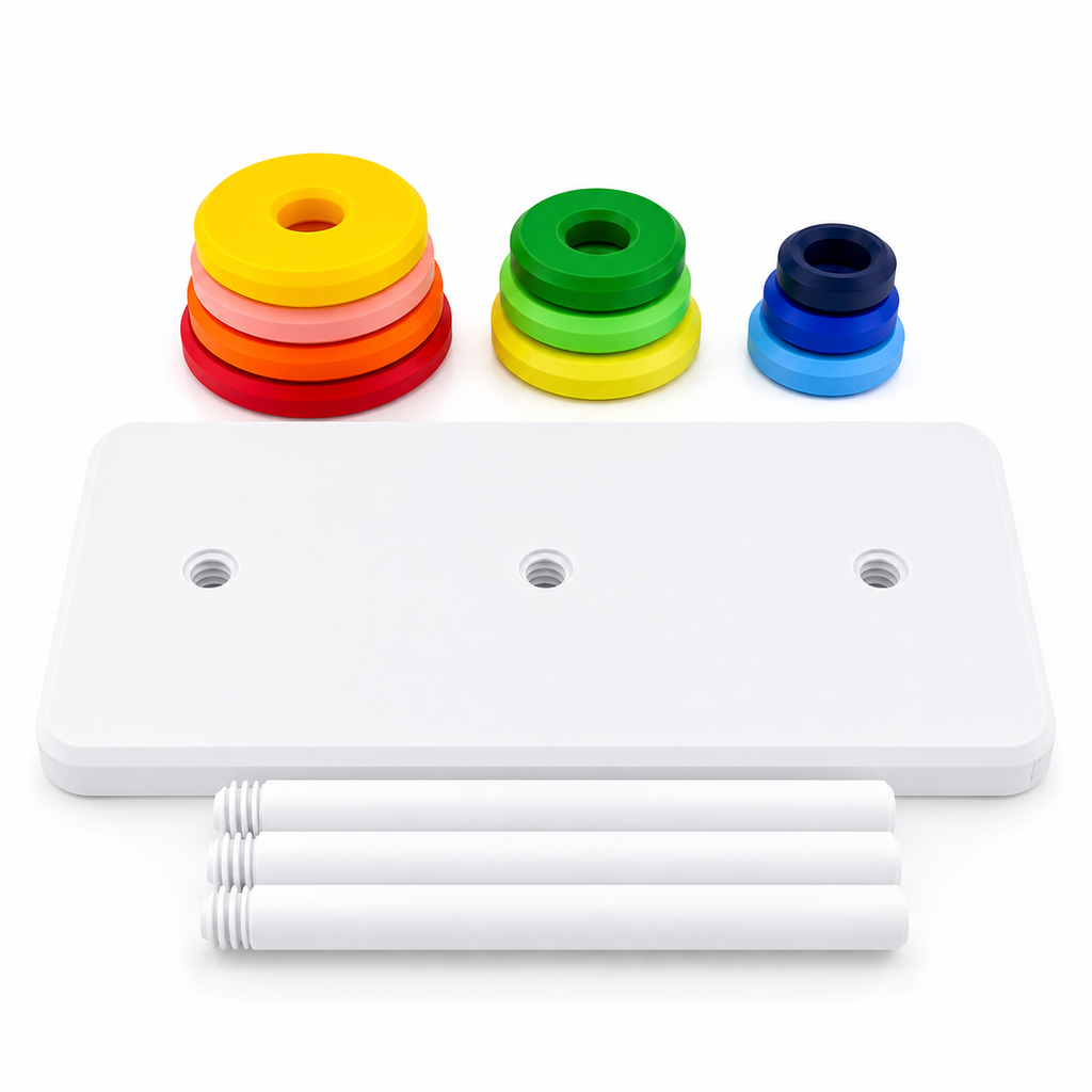 10 discos Torre de Hanoi multicolor en orden de tamaño progresivo decreciente PLA. Tower of Hanoi 10 multicolor discs decreasing progressive size order PLA material